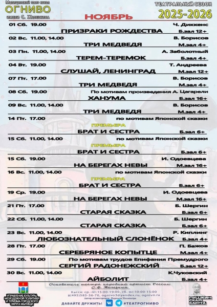 Афиша на ноябрь 2025 Театр Кукол Огниво Мытищи
