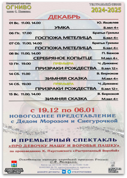 Добавлена афиша на декабрь 2024 года и январские праздники 2025 года. Театр Кукол Огниво Мытищи